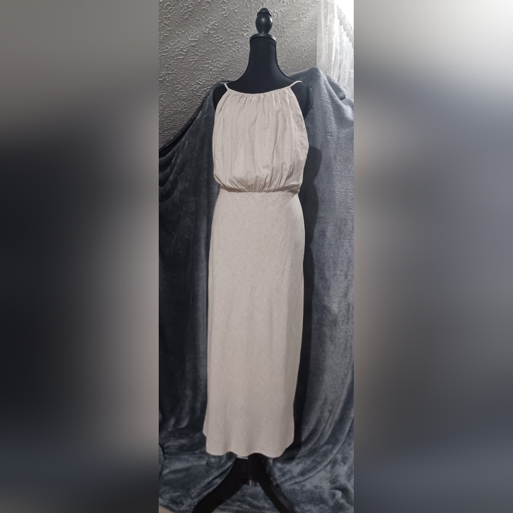 NWOT Banana Republic Linen Blend High Neck Midi Dress Size 6 In Flax Color